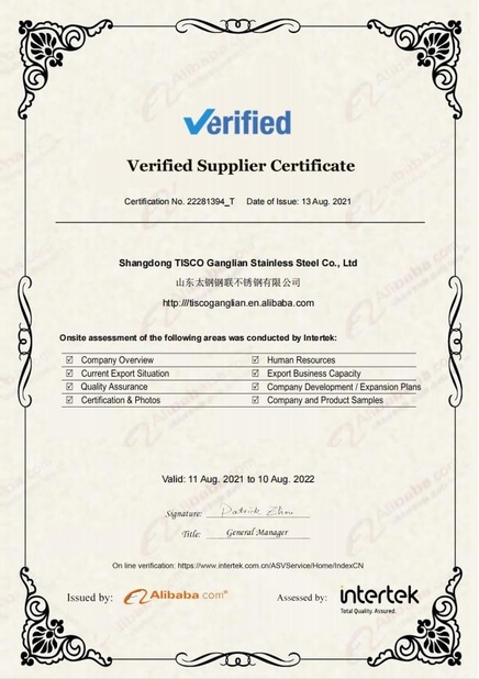 Chine Shandong TISCO Ganglian Stainless Steel Co,.Ltd. certifications